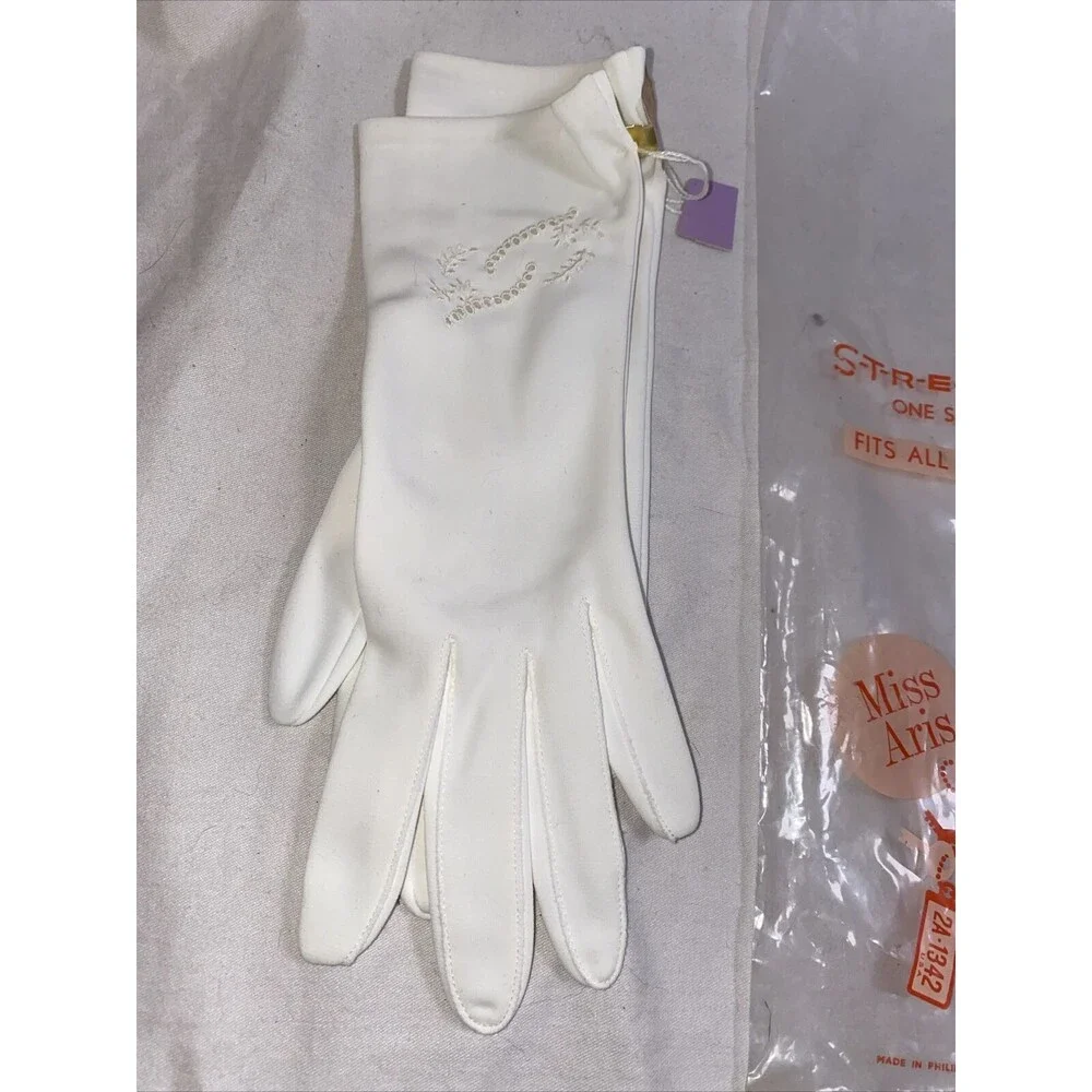 Vintage gloves Miss Aris White 2 stretchy 2A-1342 Floral Leather elegant